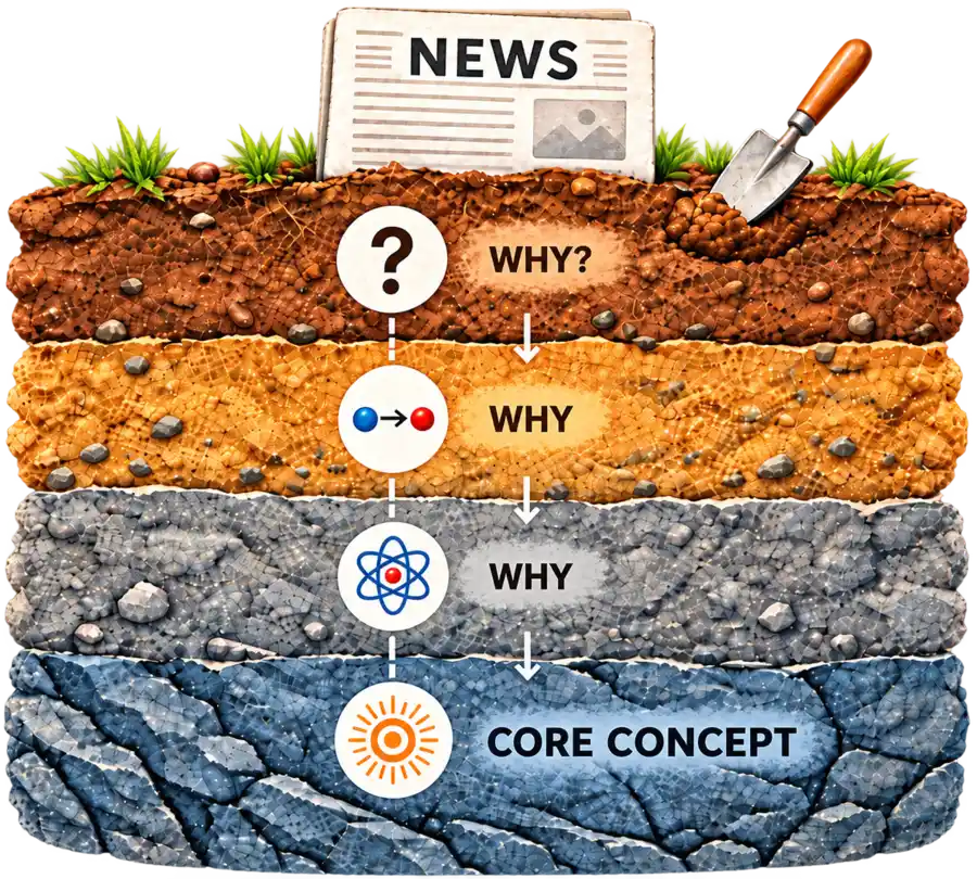 A cutaway down through the ground. A newspaper sits on the surface beside a trowel;
        below it four layers of soil and rock, labelled Why?, Why, Why and Core concept,
        with an arrow descending from each to the next.